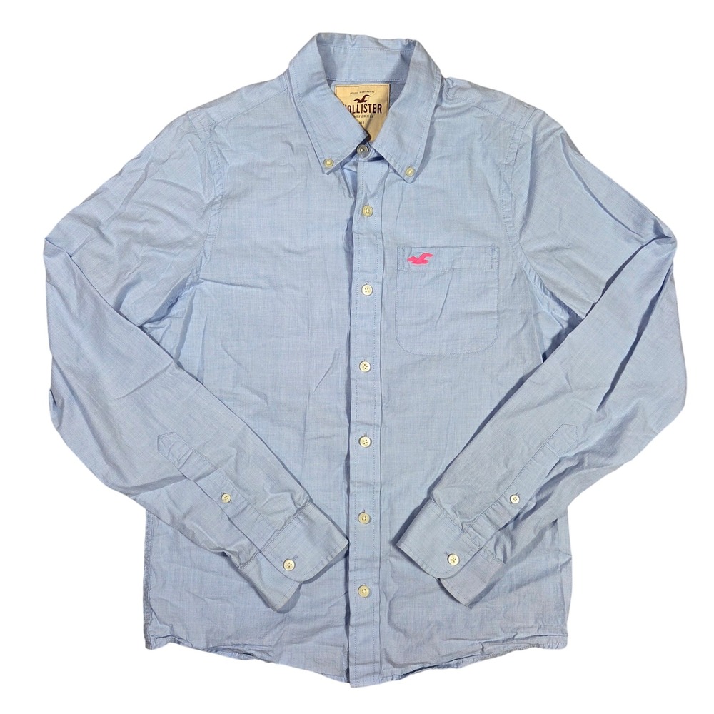 Hollister Mens Light Blue Cotton Button Down Shirt Pink Logo Size M Long Sleeve